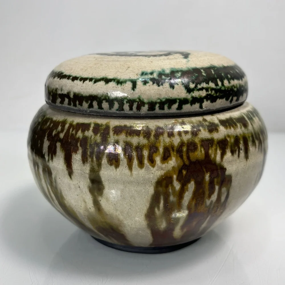 Art Studio Handmade Artist Signed Green Iridescent Glaze Pottery Lidded Urn Jar